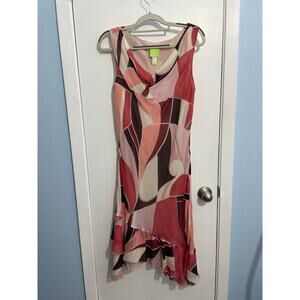 Y2K Citrine Dress Size 8 Pink Abstract Drape Neck Ruffle Hem Country Club Preppy